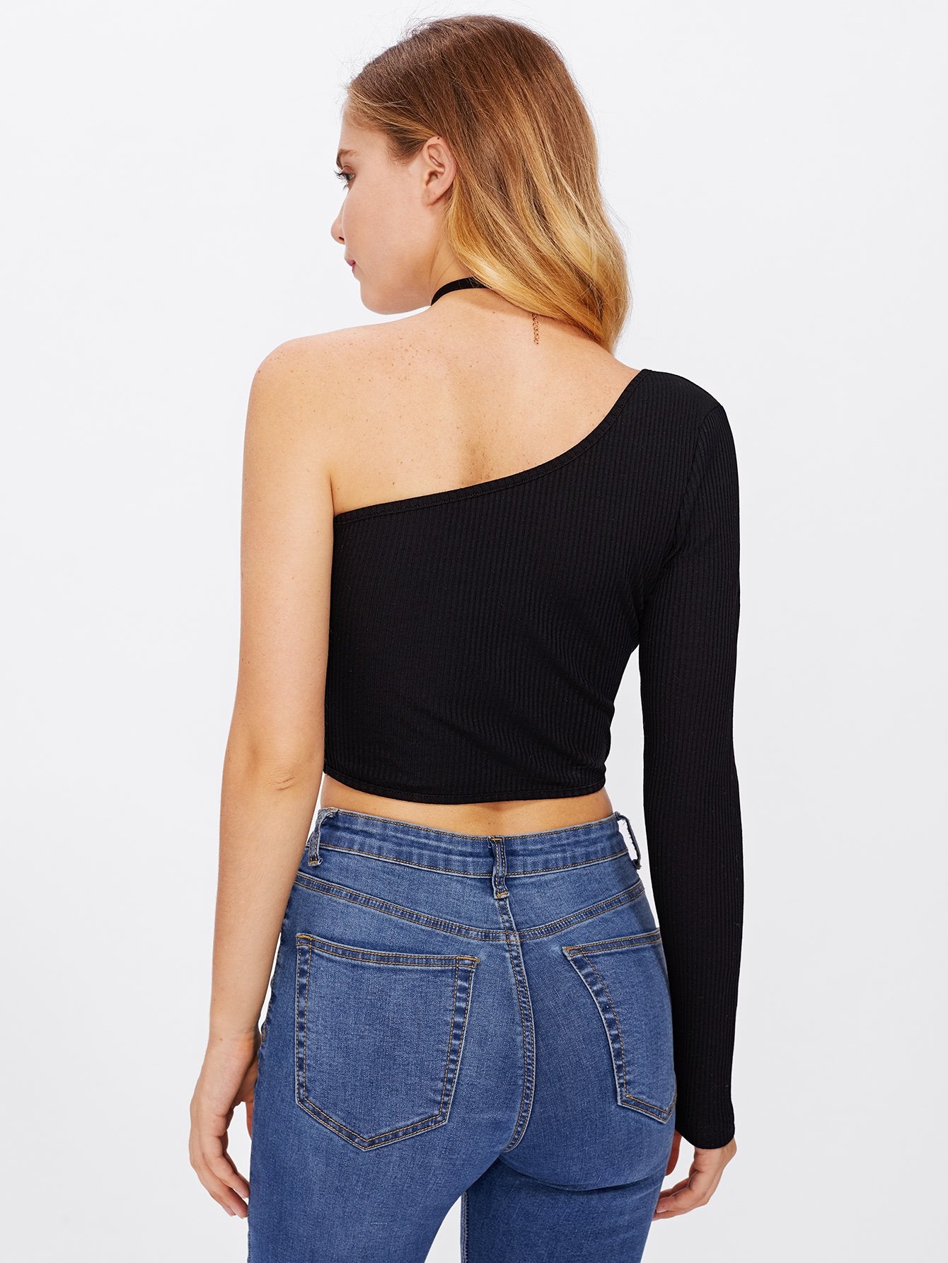 Oblique Shoulder Crop Ribbed Tshirt - We Made It LLC 