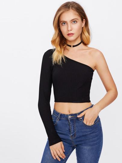 Oblique Shoulder Crop Ribbed Tshirt - We Made It LLC 