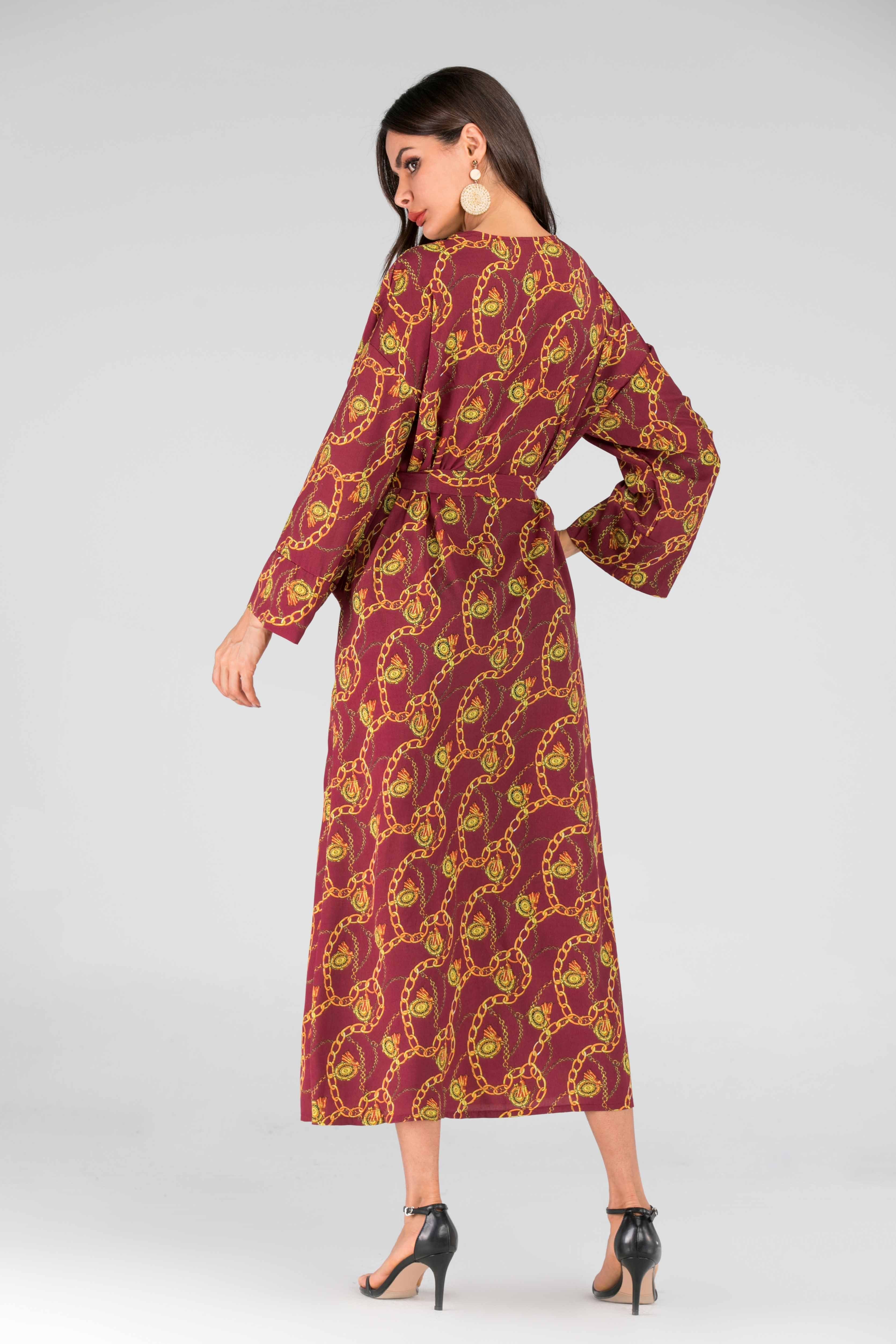 Chain Print Pocket Detail Belted Abaya - We Made It LLC 