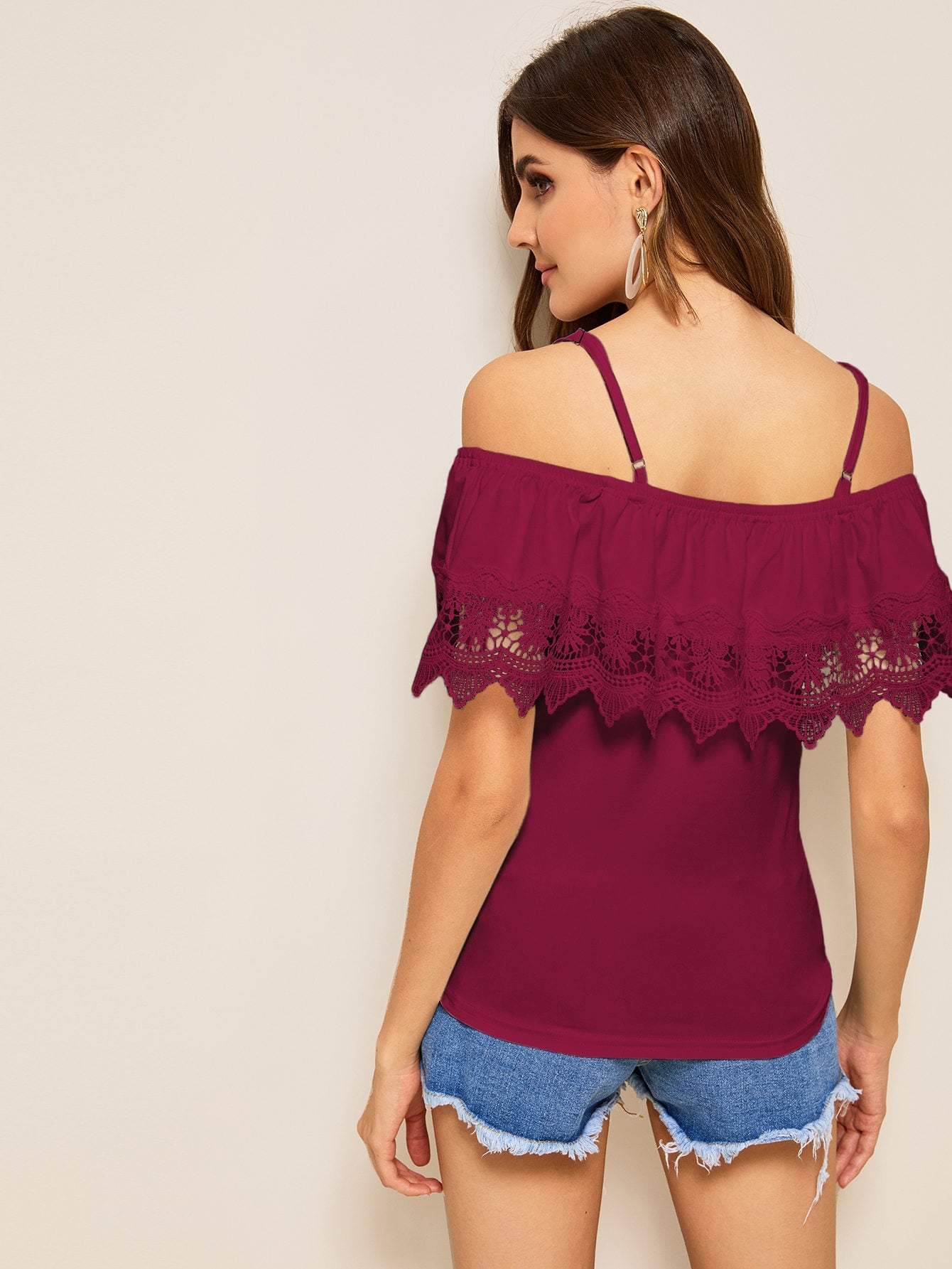 Cold Shoulder Guipure Lace Trim Top - We Made It LLC 
