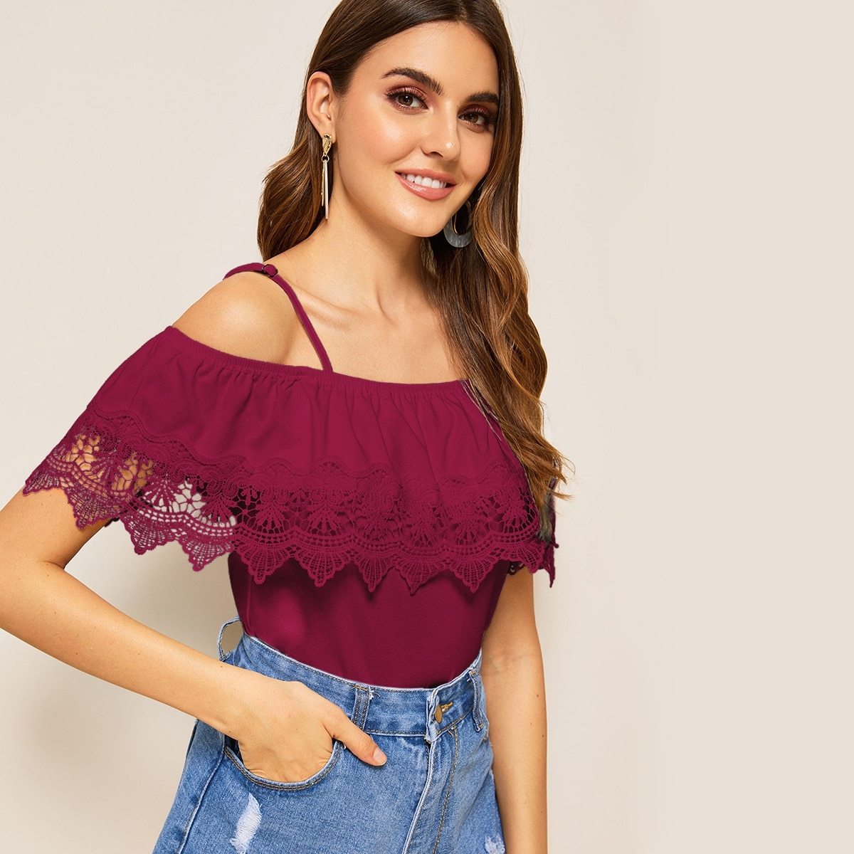 Cold Shoulder Guipure Lace Trim Top - We Made It LLC 