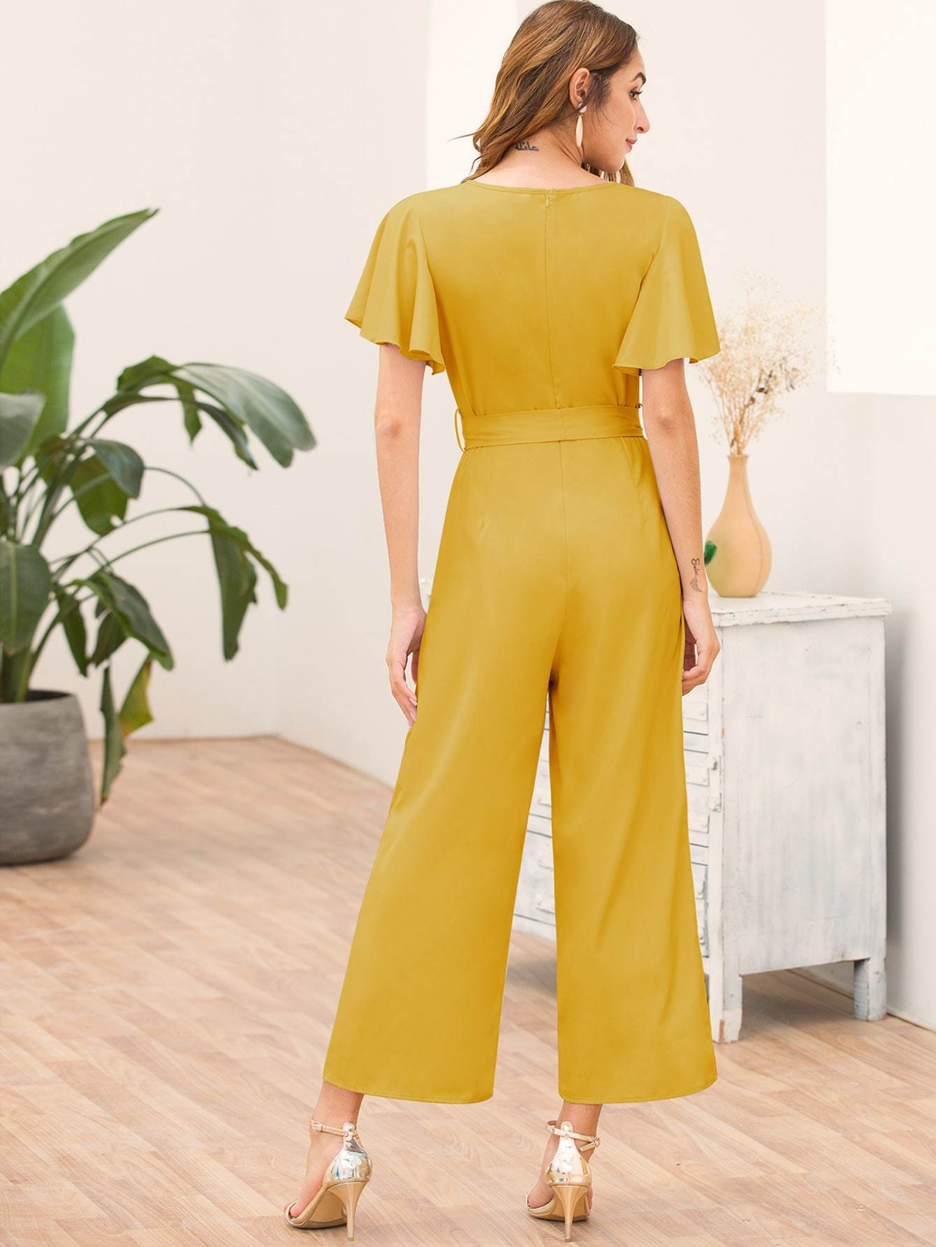 Button Front Butterfly Sleeve Belted Jumpsuit - We Made It LLC 