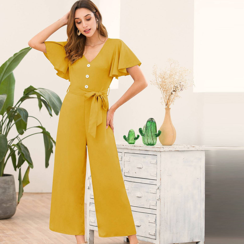 Button Front Butterfly Sleeve Belted Jumpsuit - We Made It LLC 